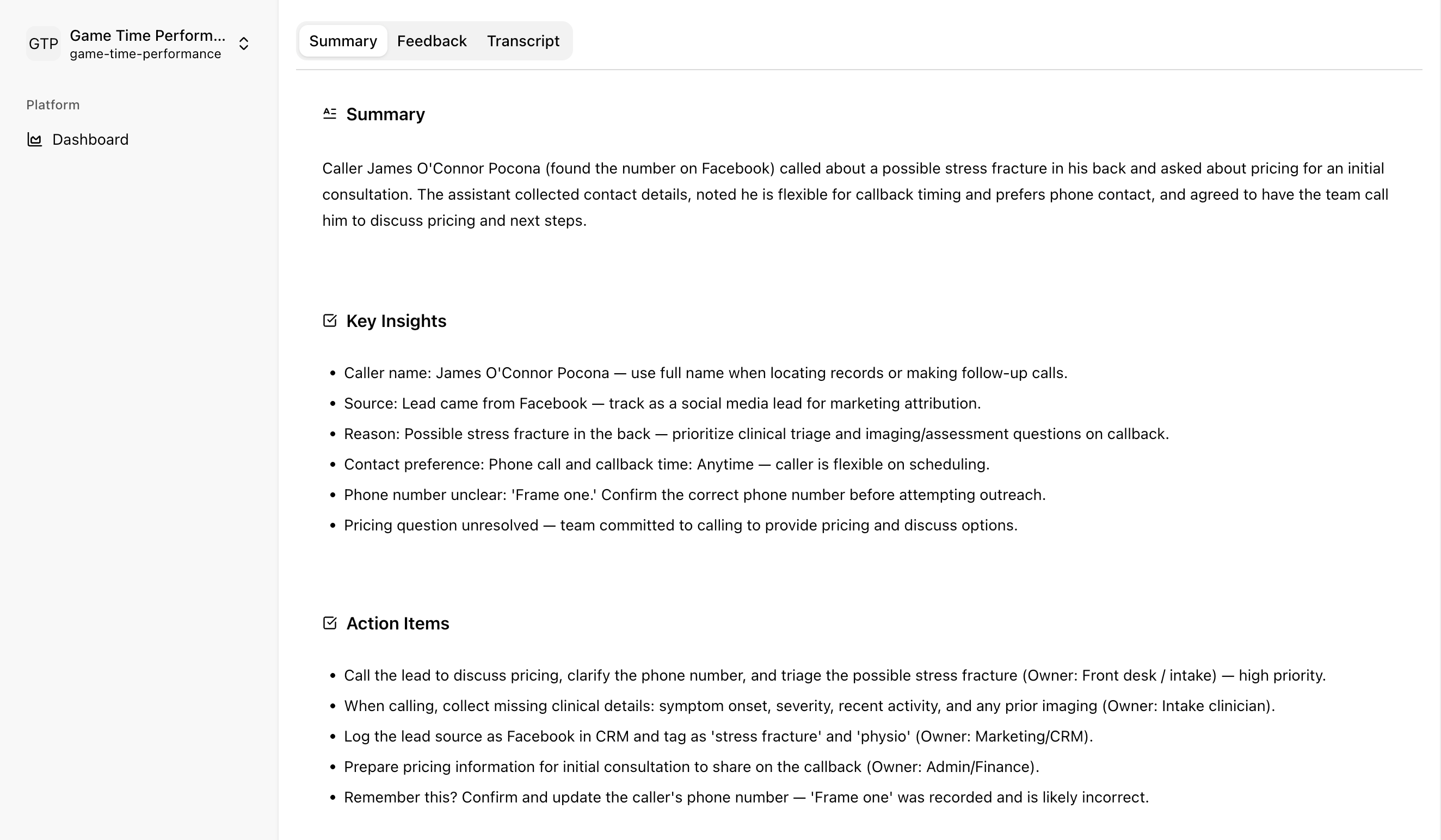 Loopin app screenshot showing call summary, insights, and action items